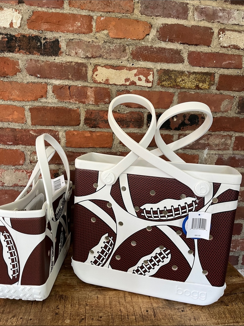 BOGG football Tote - Brown Football Print with White Trim - Picture 13 of 13